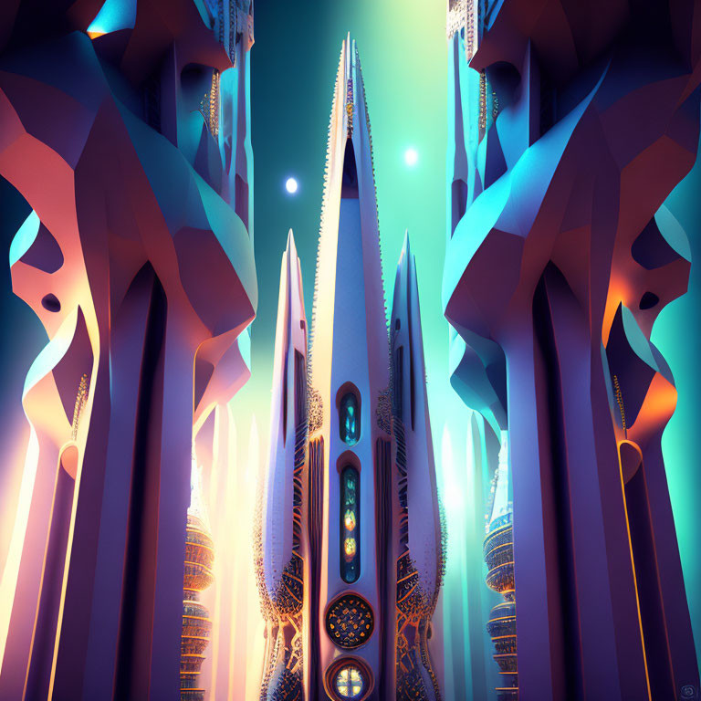 Futuristic twilight cityscape with neon lights and towering spires