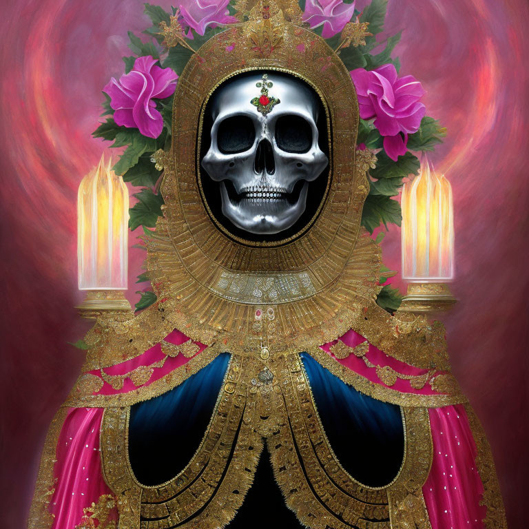 Surreal skull portrait with floral backdrop and golden attire