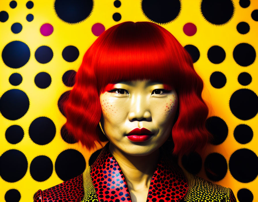 Red-haired woman in red and black polka-dotted outfit on vibrant yellow background