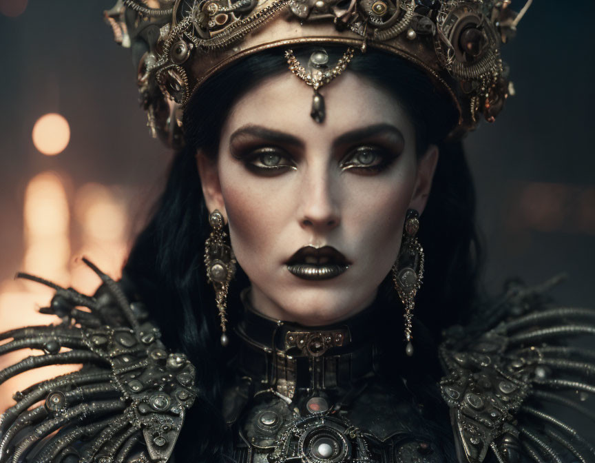 Elaborate dark makeup woman with detailed crown and shoulder armor