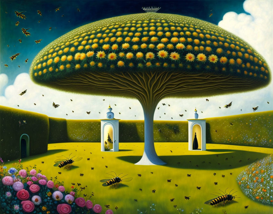 Whimsical painting of giant mushroom tree with beehive, bees, and flowers in green garden