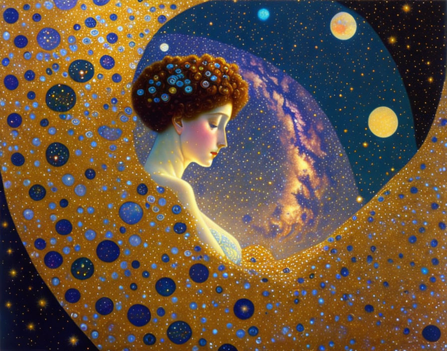 Illustration of woman merging with starry sky and planets