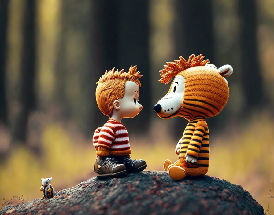 Miniature boy with orange hair and toy tiger on rock in forest setting