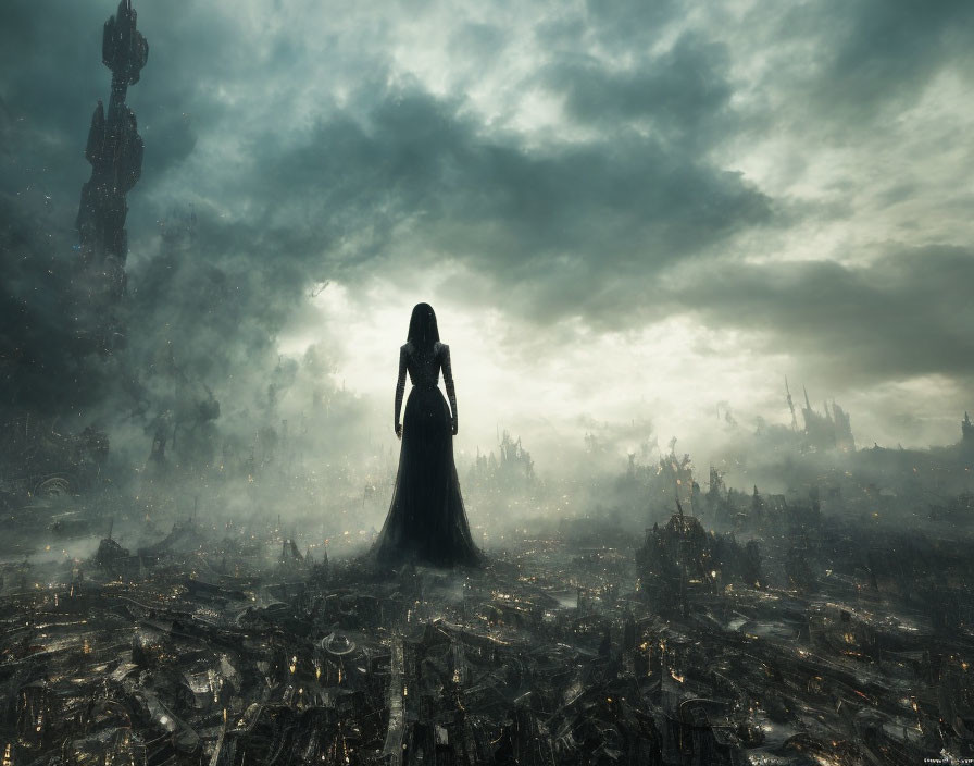 Solitary figure in dark dress against dystopian cityscape under stormy sky