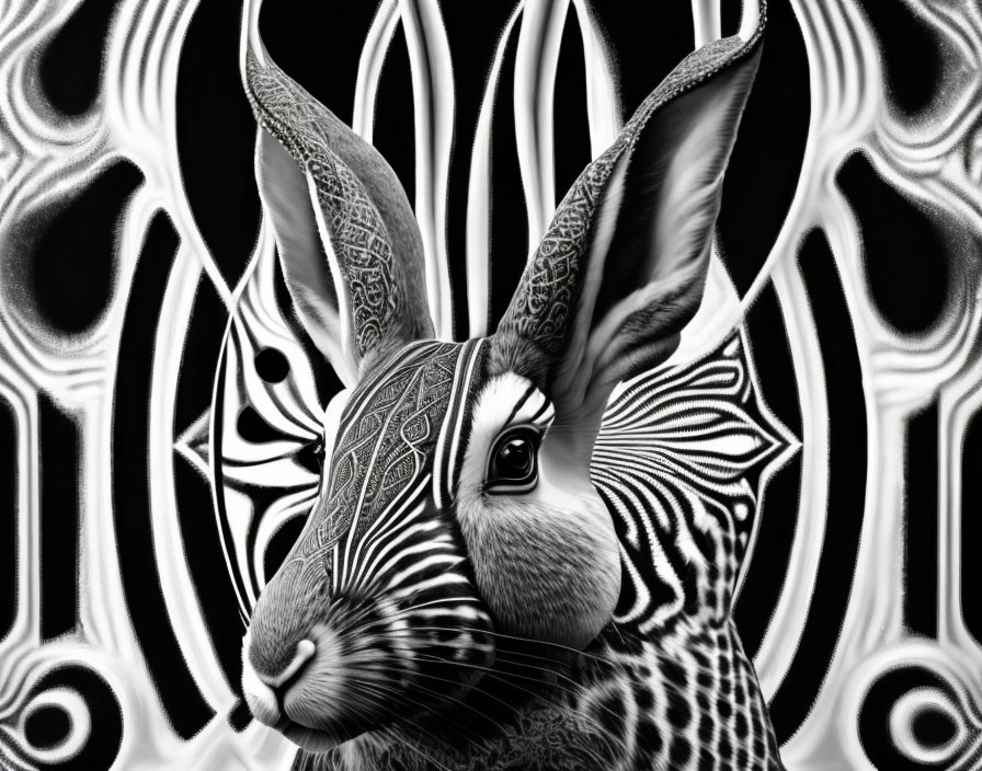 Monochrome rabbit illustration with intricate patterns on fur against abstract background