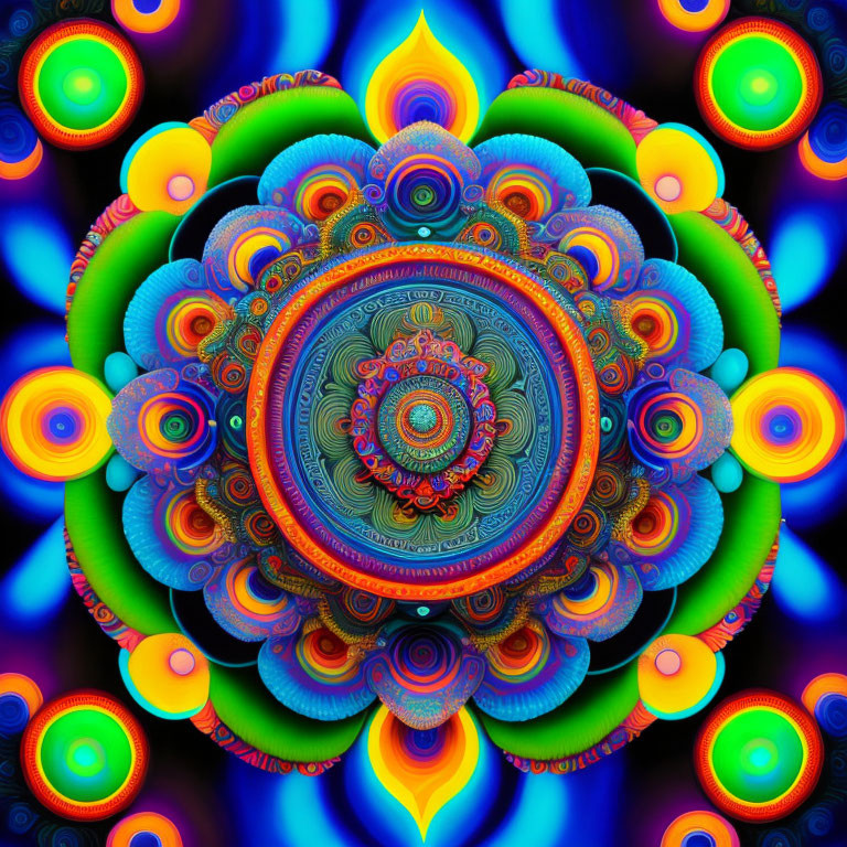 Symmetrical psychedelic mandala with vibrant blues, oranges, and greens