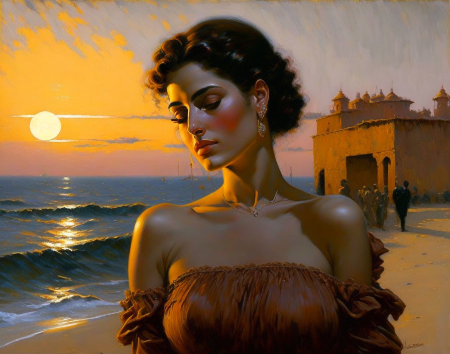 Portrait of a woman in off-shoulder dress at sunset near sea fortress.