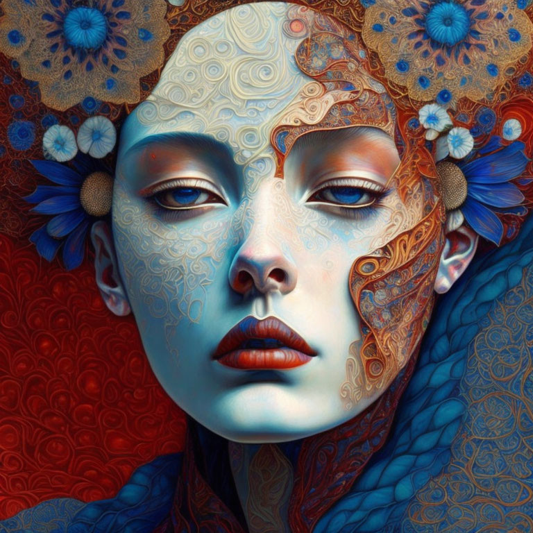 Ethereal woman with blue and red patterns and textures