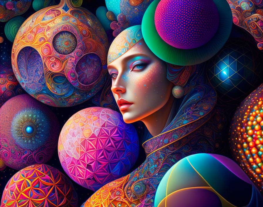 Vibrant digital artwork of a woman with intricate patterns and ornate spheres in cosmic scene