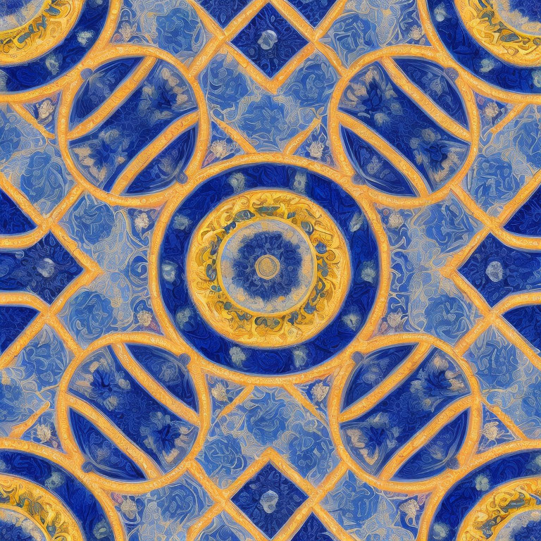 Symmetrical blue and gold mandala with geometric and floral patterns