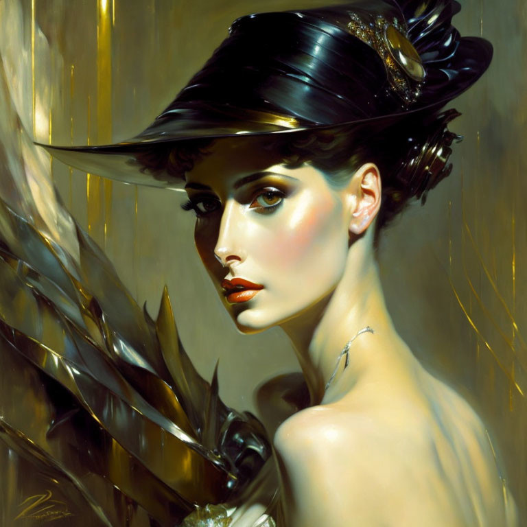 Classic painting of elegant woman in stylish black hat with gold adornments