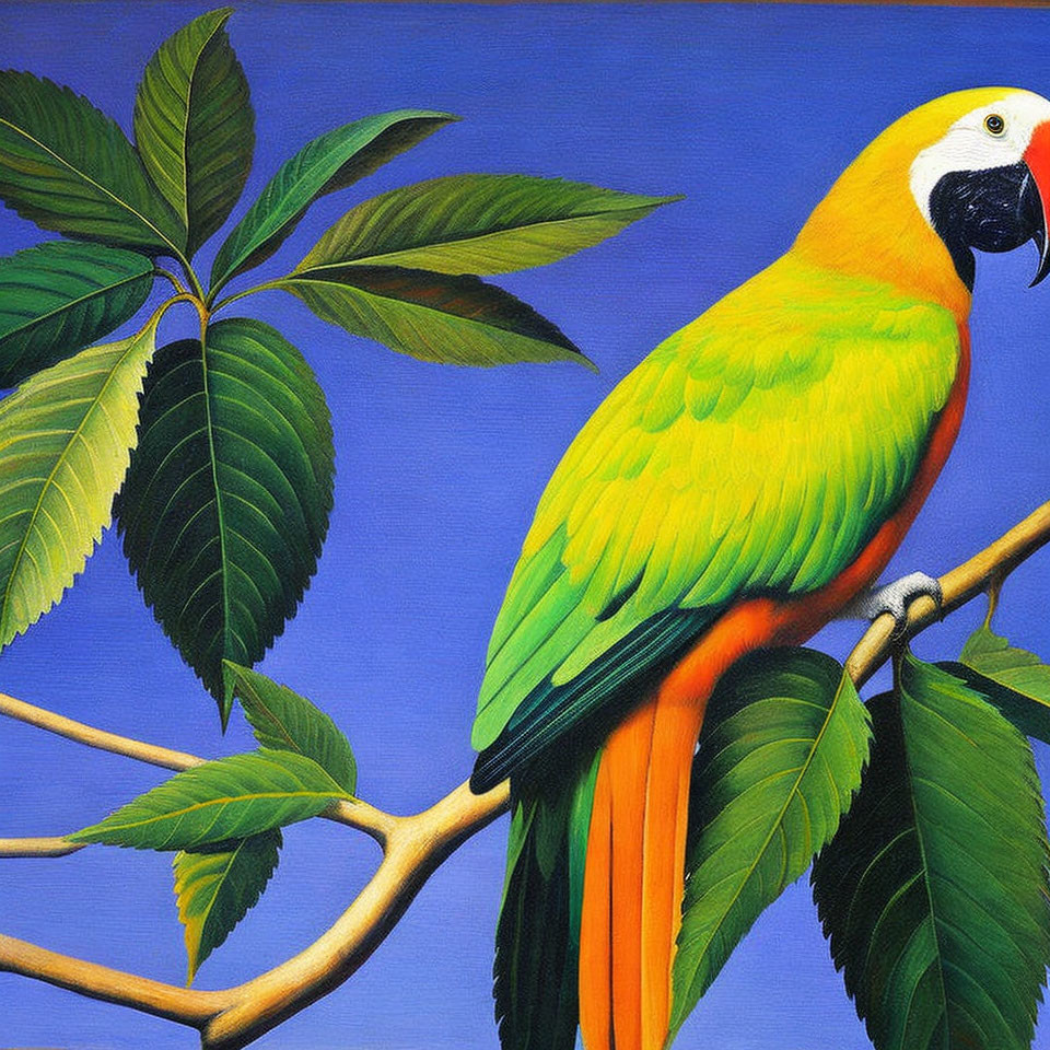 Colorful Parrot Painting on Tree Branch Against Blue Background