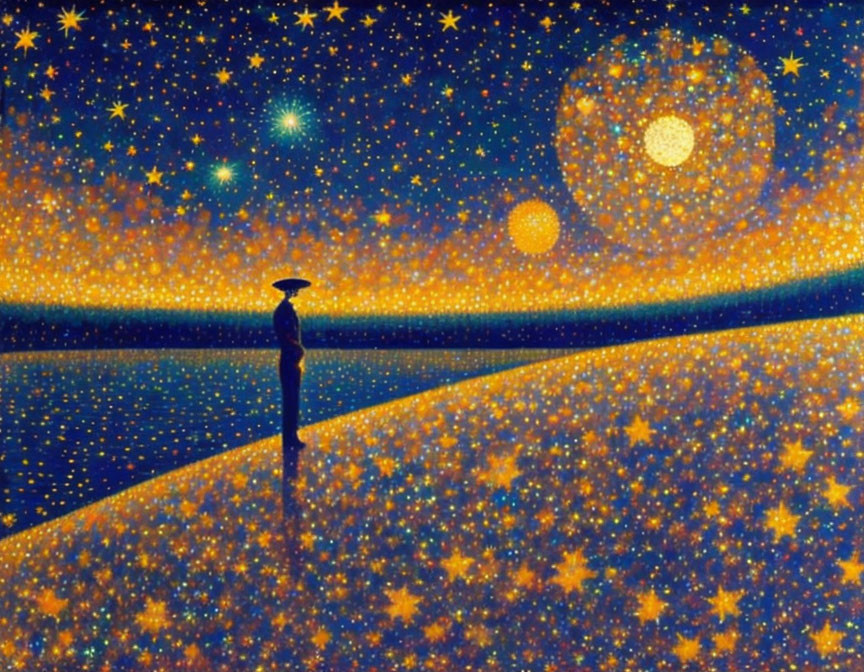 Silhouette of person on vibrant path under starry sky with glowing celestial bodies