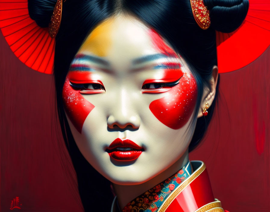 Traditional Asian makeup and attire with striking red and white face paint