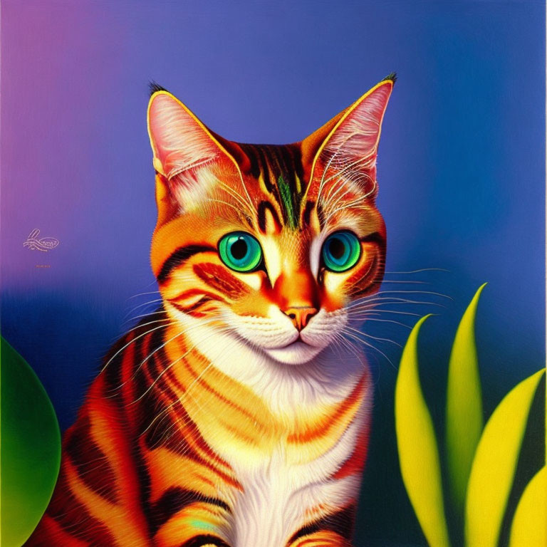 Colorful artistic portrayal of a cat with exaggerated features and bright green eyes on blue-purple background