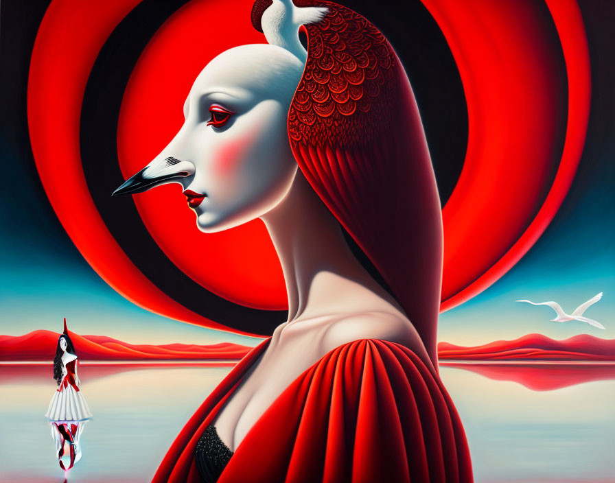 Surreal portrait of figure with swan-like head in red cloak against red circles & landscape