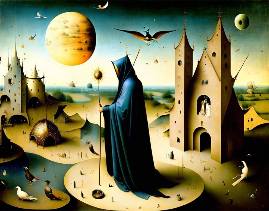 Surrealistic painting of cloaked figure among fantastical elements