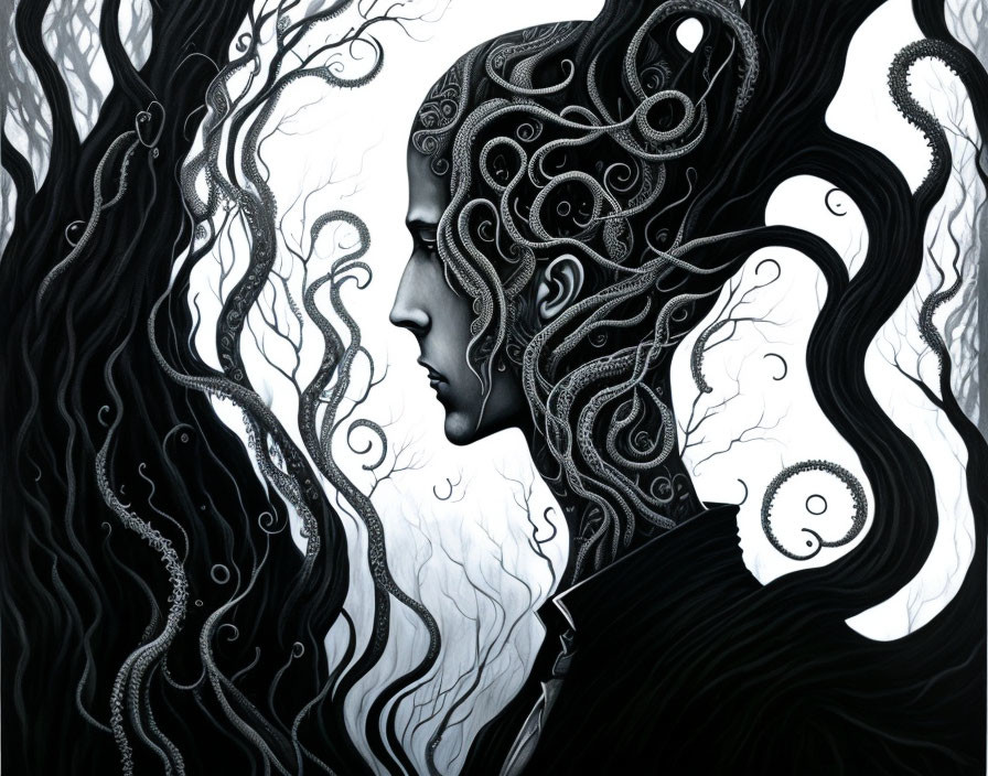 Monochrome artwork of two faces with intricate patterns and swirling hair