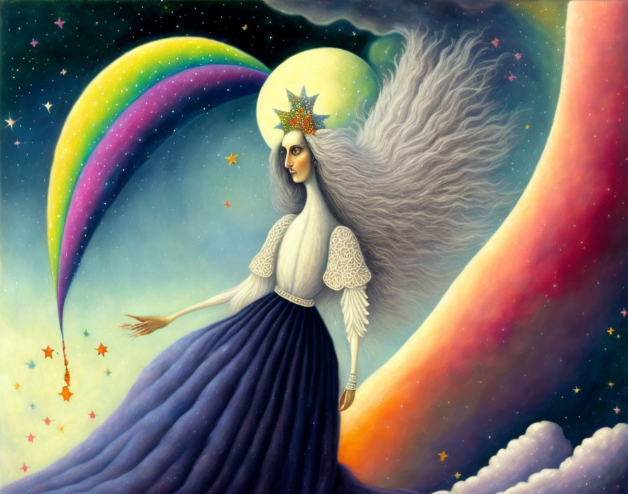 Fantastical woman with starry hair and wings in cosmic setting