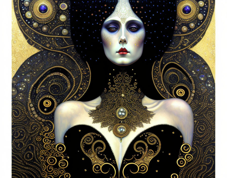 Stylized woman artwork with cosmic motifs in gold and deep blue