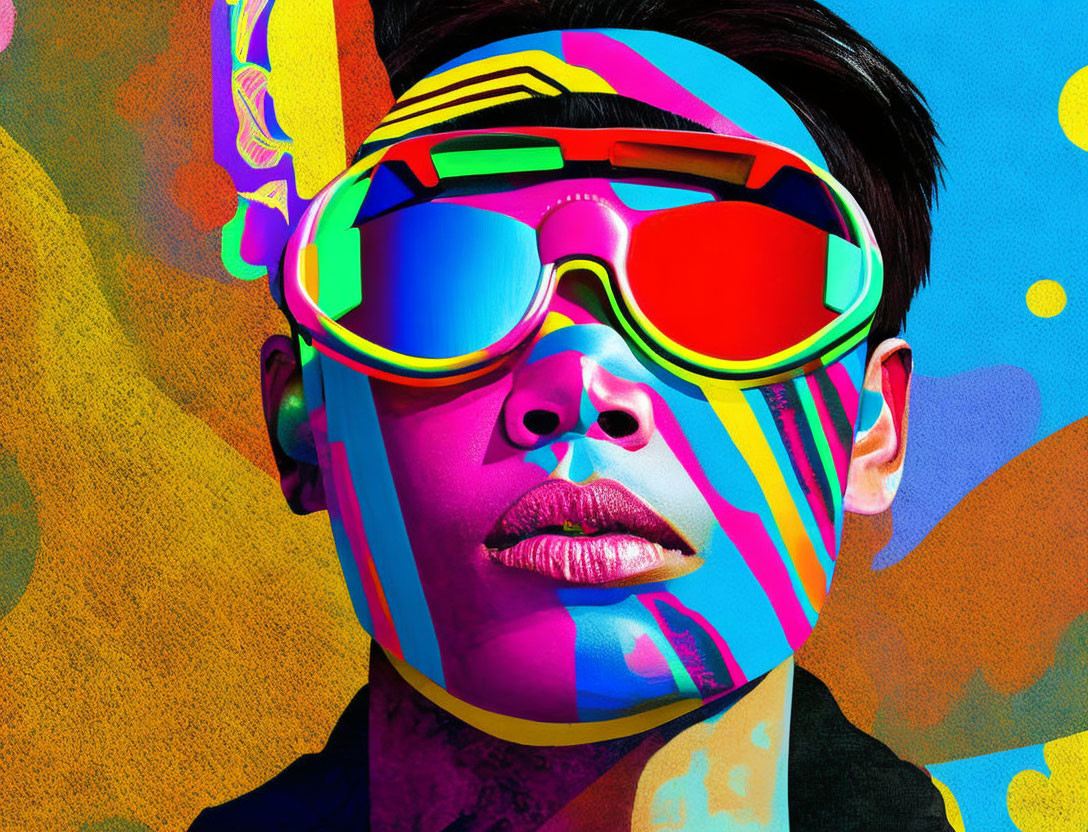 Colorful Digital Artwork: Person in Oversized Sunglasses on Abstract Background