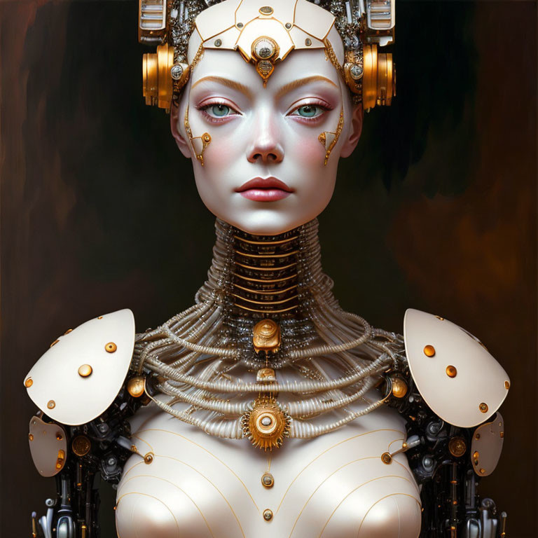 Female Android with Ornate Headgear and Gold Accents on Dark Background