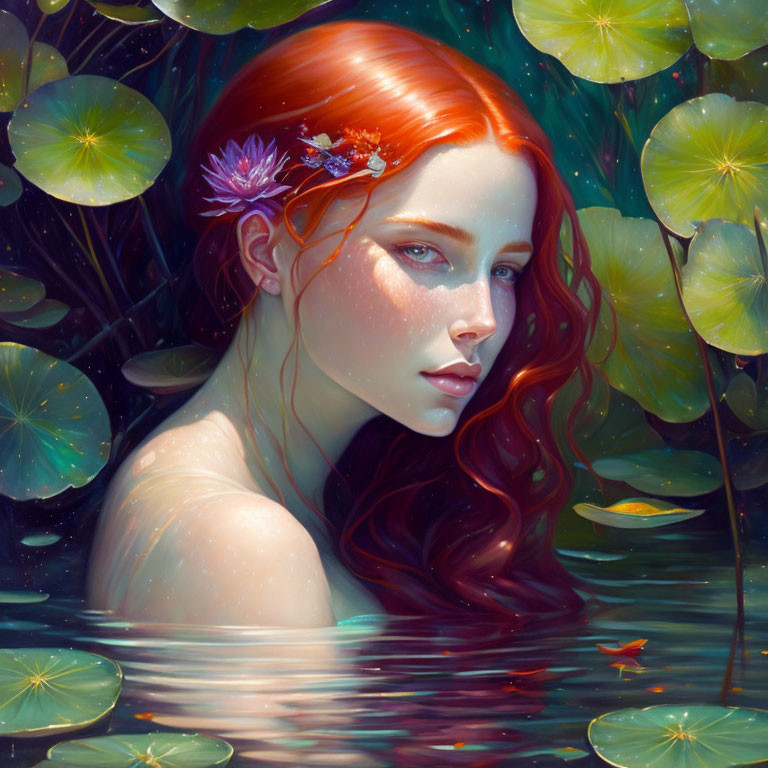 Red-Haired Woman with Flowers in Hair Emerging from Pond