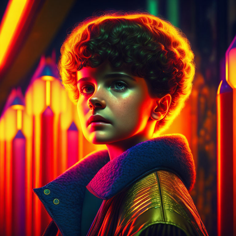 Child portrait under colorful neon lights with curly hair and fur collar jacket