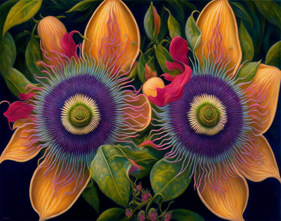 Colorful surreal flowers with eye-like centers in dreamlike setting