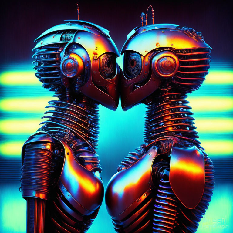 Robotic humanoid figures touching foreheads in neon-lit setting