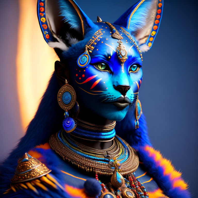 Colorful digital art featuring a blue anthropomorphic feline with tribal jewelry and intricate facial markings