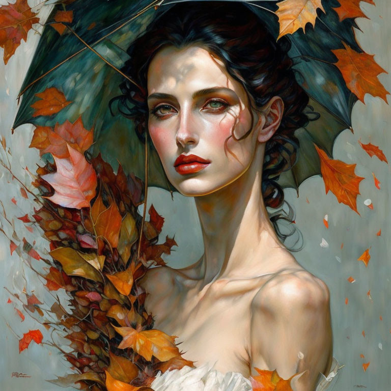 Portrait of Woman with Autumn Leaf Umbrella and Serene Expression