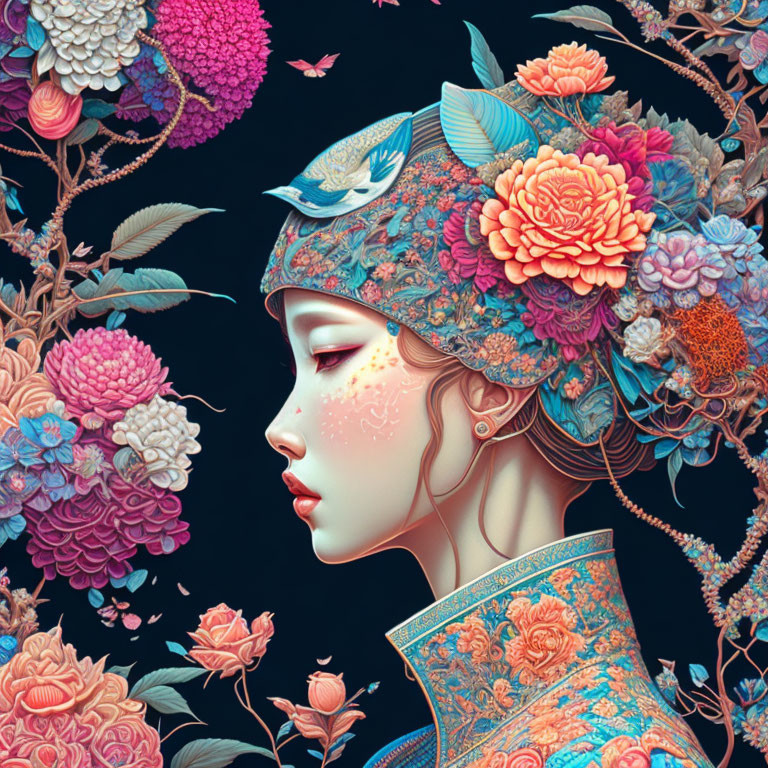 Detailed Illustration: Woman with Floral Patterns in Vibrant Surroundings