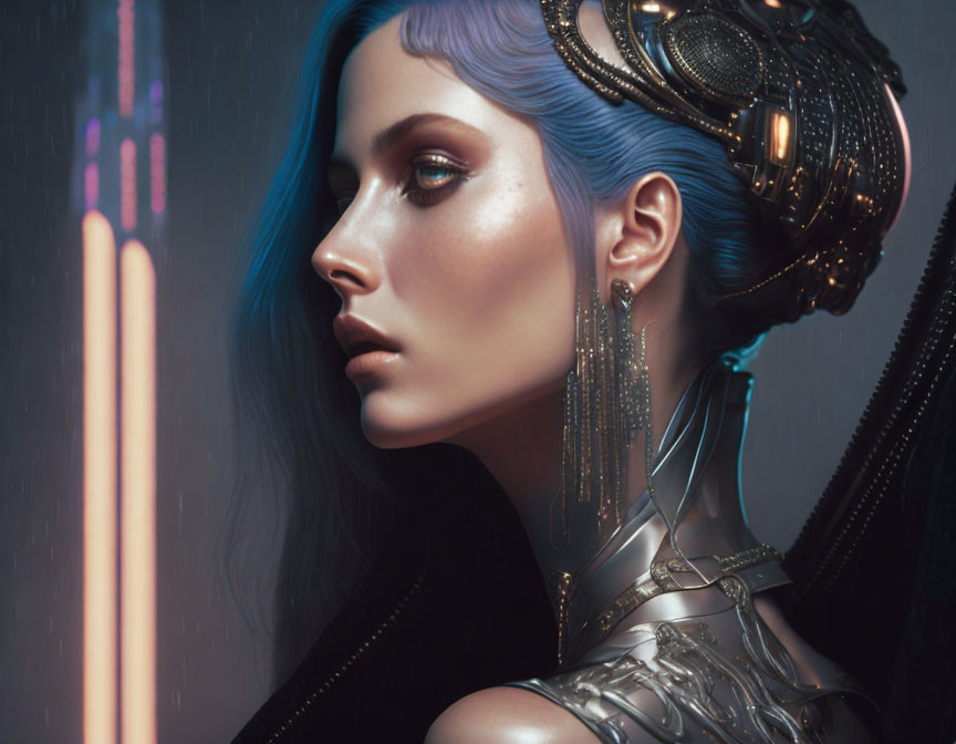 Woman with Blue Hair and Cybernetic Headgear in Futuristic Setting