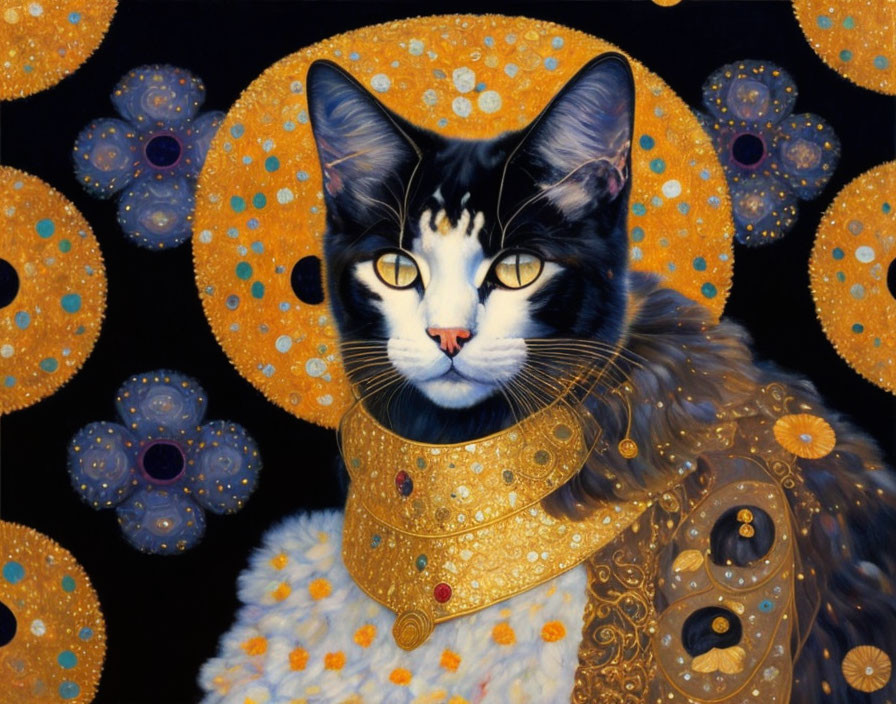 Striking cat superimposed on Gustav Klimt's "The Kiss" background