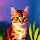 Colorful artistic portrayal of a cat with exaggerated features and bright green eyes on blue-purple background