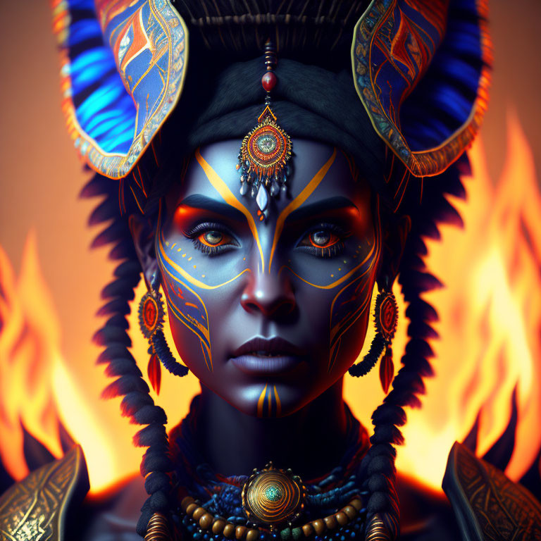 Tribal-inspired woman in blue and orange hues against fiery background