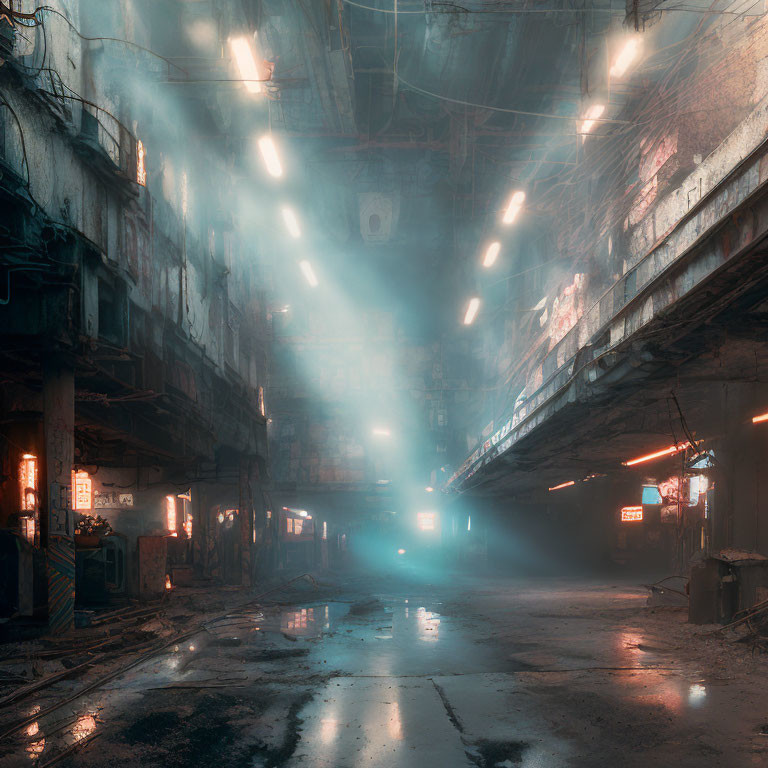 Abandoned industrial site with eerie lighting and hanging cables