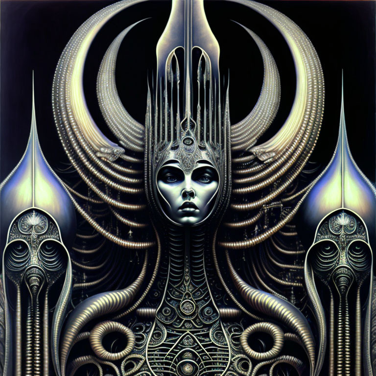 Symmetrical futuristic digital artwork with central female figure and elaborate headdress.