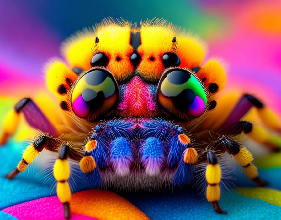 Colorful Jumping Spider Close-Up on Vibrant Background with Large Glossy Eyes