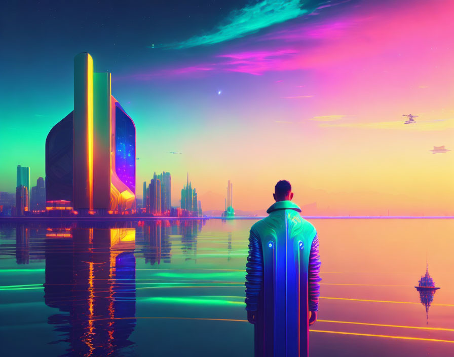 Futuristic coat wearer gazes at neon-lit cityscape at twilight