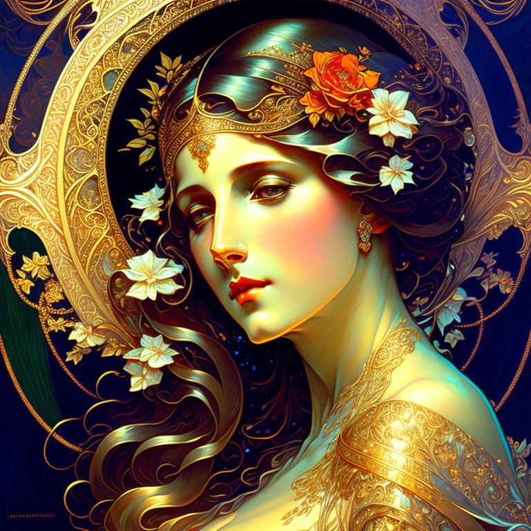 Art Nouveau Woman Illustration with Floral Headband and Gold Details