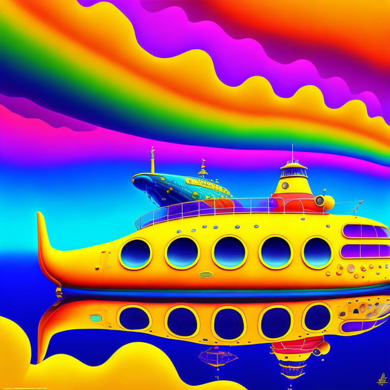 Colorful Psychedelic Yellow Submarine Artwork with Rainbows and Sea