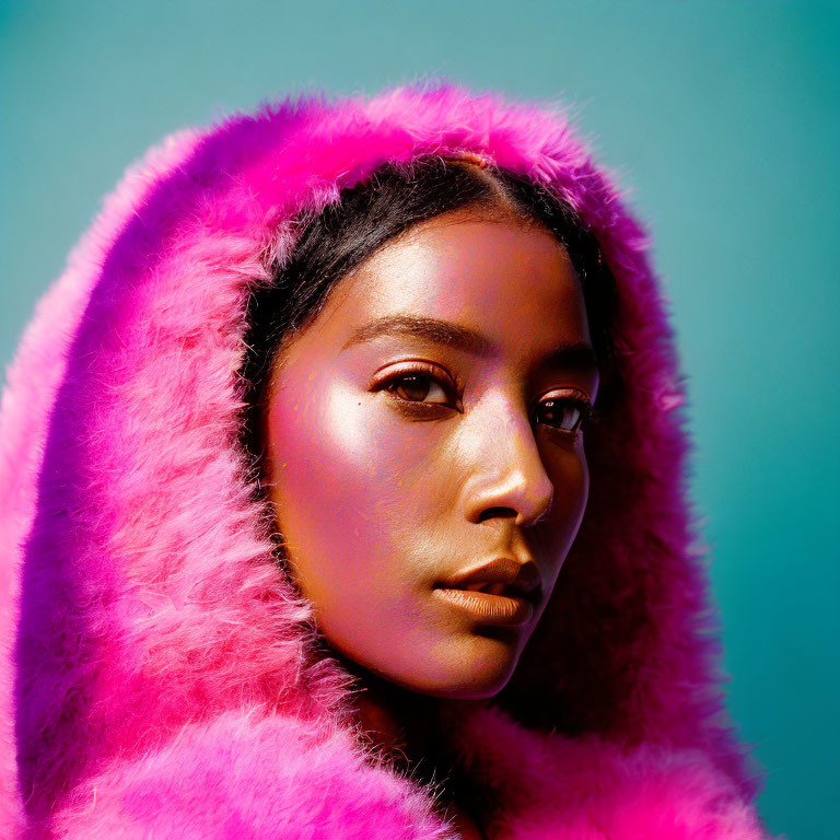 Striking makeup woman in pink fur hood on teal background