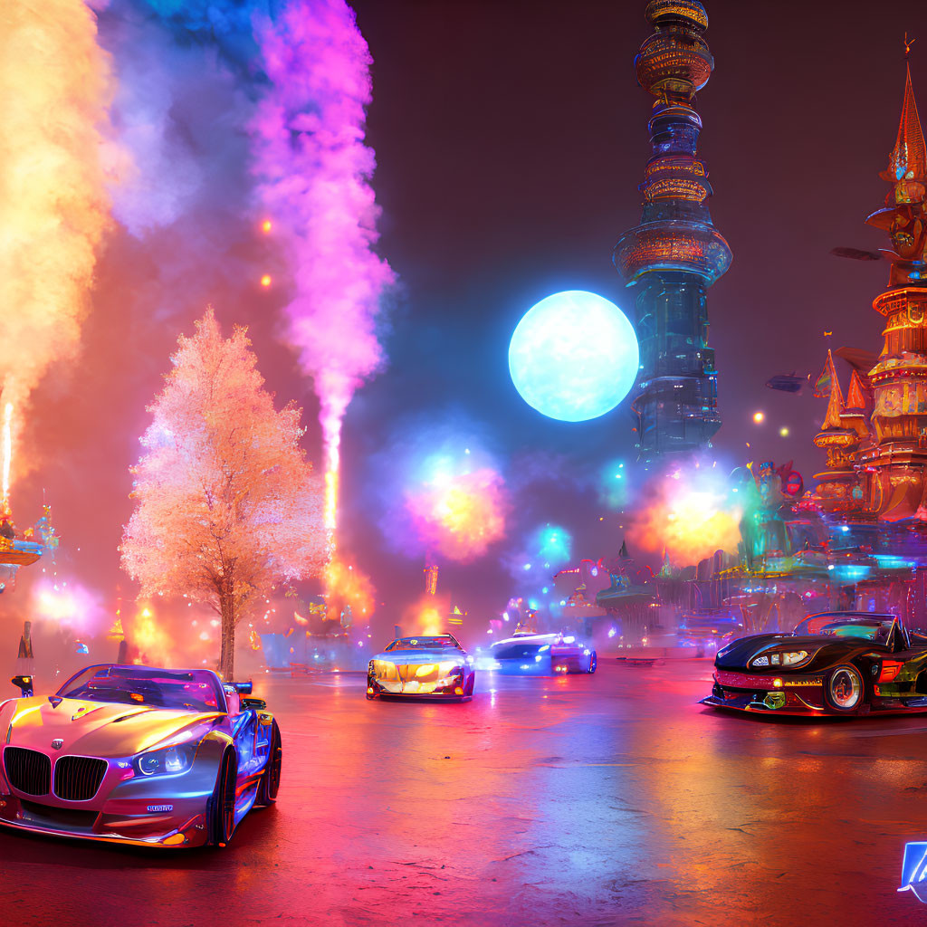 Futuristic cityscape with purple and orange hues, neon lights, sleek cars, and glowing moon