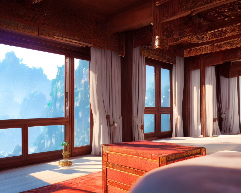 Traditional Wooden Architecture Room with Mountain View and Red Carpet