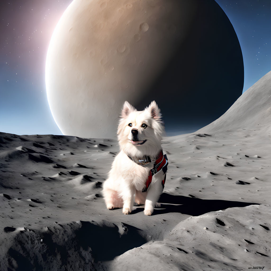 Small White Dog in Harness on Moon-Like Surface with Large Planet in Background