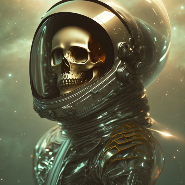 Metallic skeleton in astronaut helmet with visible skull, celestial backdrop with orbs and glow