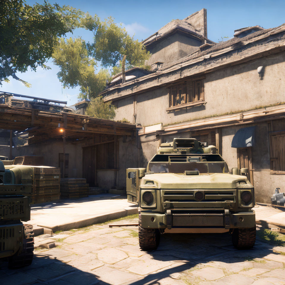 Military vehicle parked in sunny courtyard with traditional buildings, crates, and wooden balcony