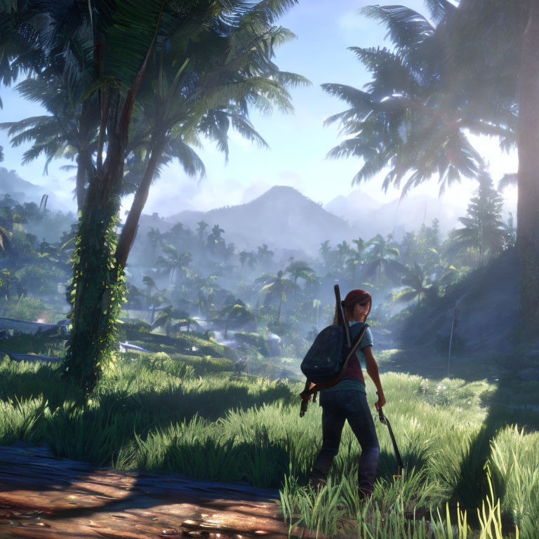 Character with backpack and rifle in lush jungle with palm trees and mountains